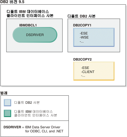 단일 IBM Data Server Driver 사본 및 다중 DB2 사본이 동일한 머신에 있는 경우의 예