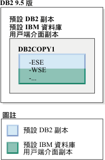 預設 DB2 副本及預設 IBM 資料庫用戶端介面副本的範例。