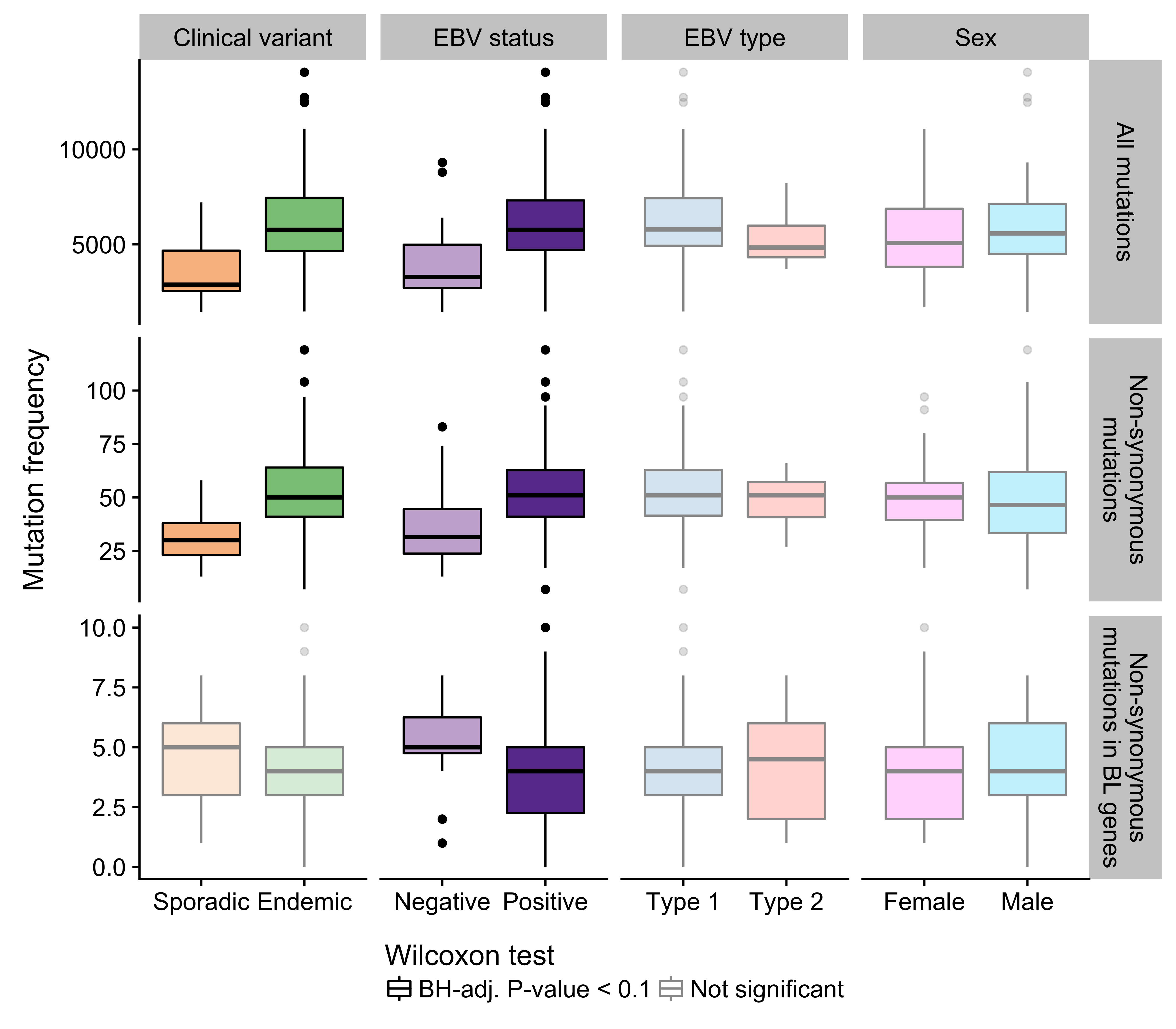 – Frequency of mutations genome-wide, non-synonymous mutations genome-wide, and putative driver mutations in significantly mutated genes in various disease subtypes.