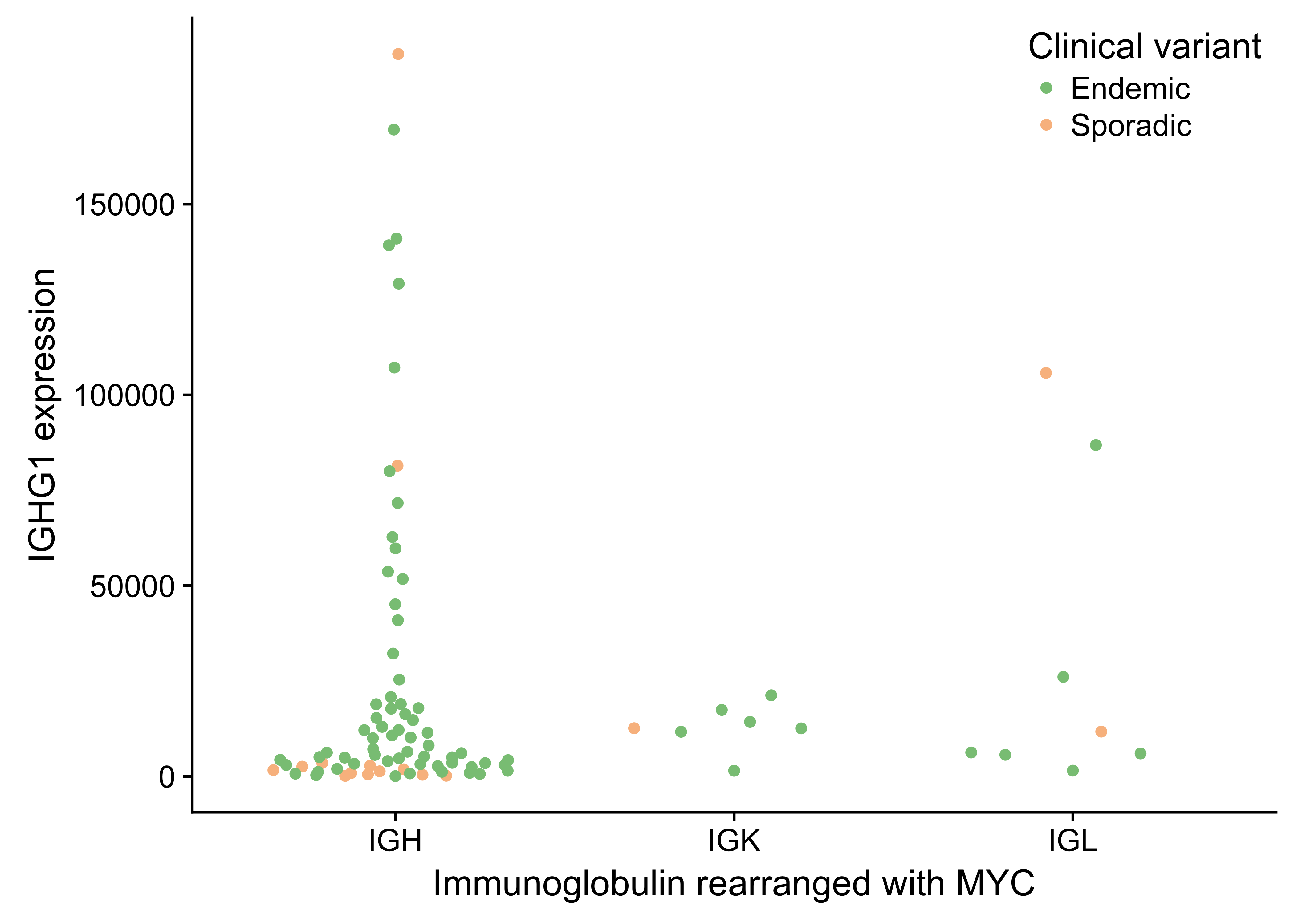 – No association between IGG expression and which immunnoglobulin is rearranged with MYC.